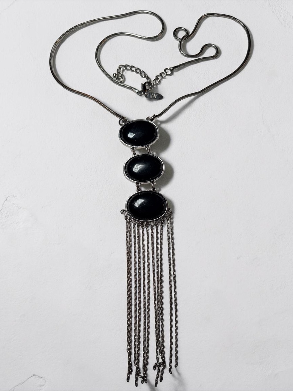 Silver-Tone Black Stone Fringe Pendant Necklace - Women Jewelry